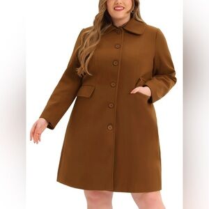 Angelica. L, brown button up long fitted jacket, pockets, cashmere, wool